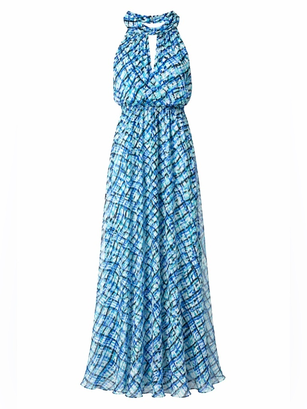 NWT Calvin Klein Halter Maxi Dress Blue Abstract Print Chiffon Ruched Size 14